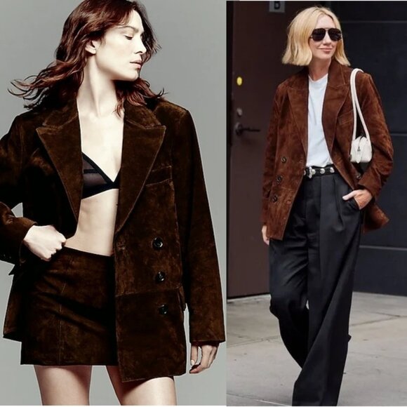 Alexa Chung for Madewell Double-Breasted Blazer in Dark Roast Suede 12